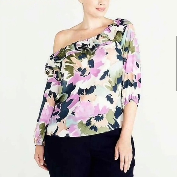 J. CREW MERCANTILE purple & green floral watercolor off the shoulder blouse L - Picture 6 of 11